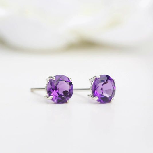 6mm Natural Amethyst Sterling Silver Round Stud Earrings - February Birthstone